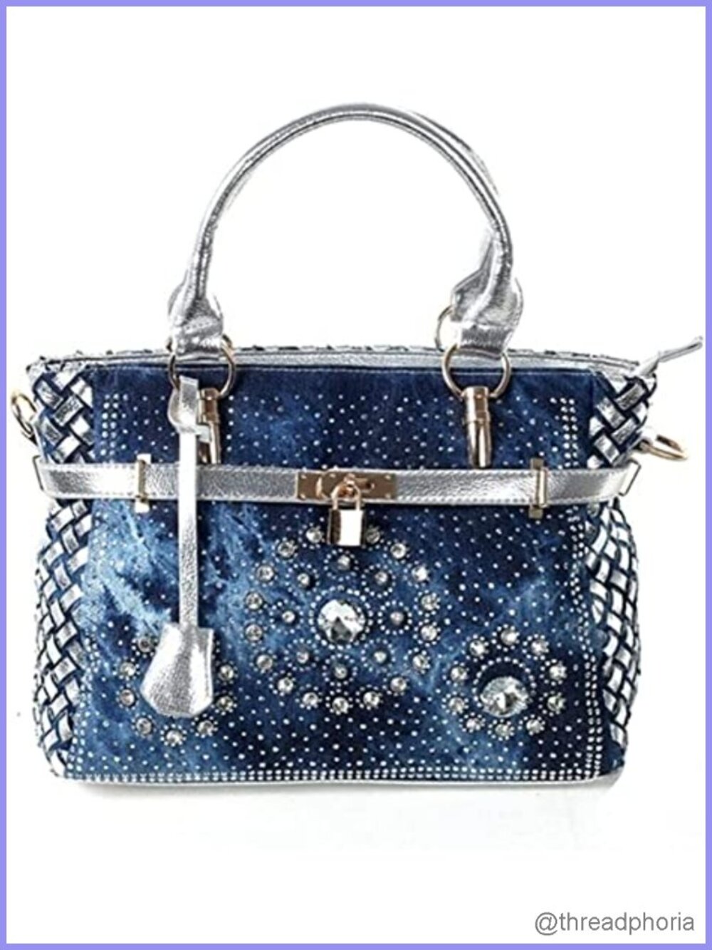 Washed Denim Tote Bag Large Capacity Shoulder Crossbody Crystal Diamond